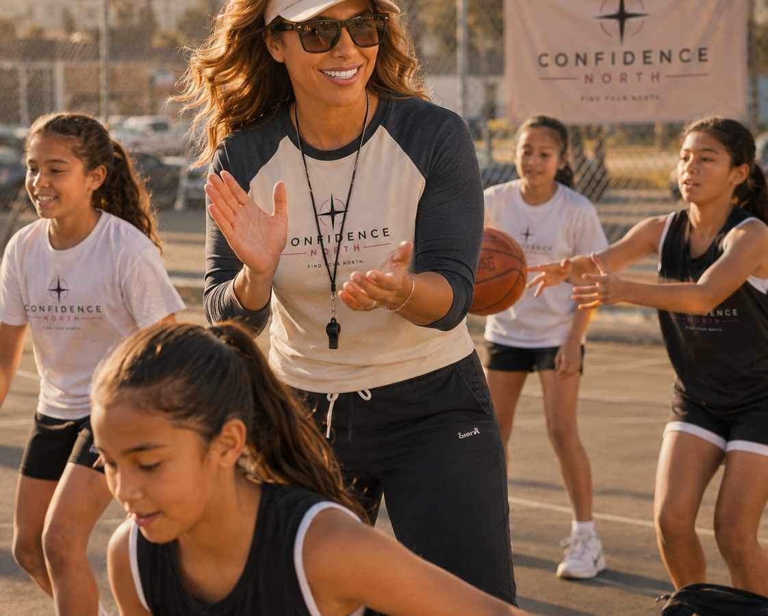Coach supporting young athletes during a team huddle